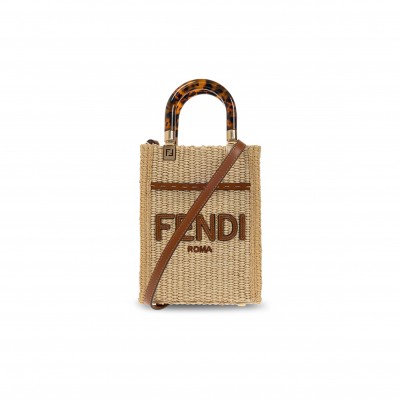 FENDI SUNSHINE MINI STRAW & LEATHER TOTE (18*13.5*5.5cm) 